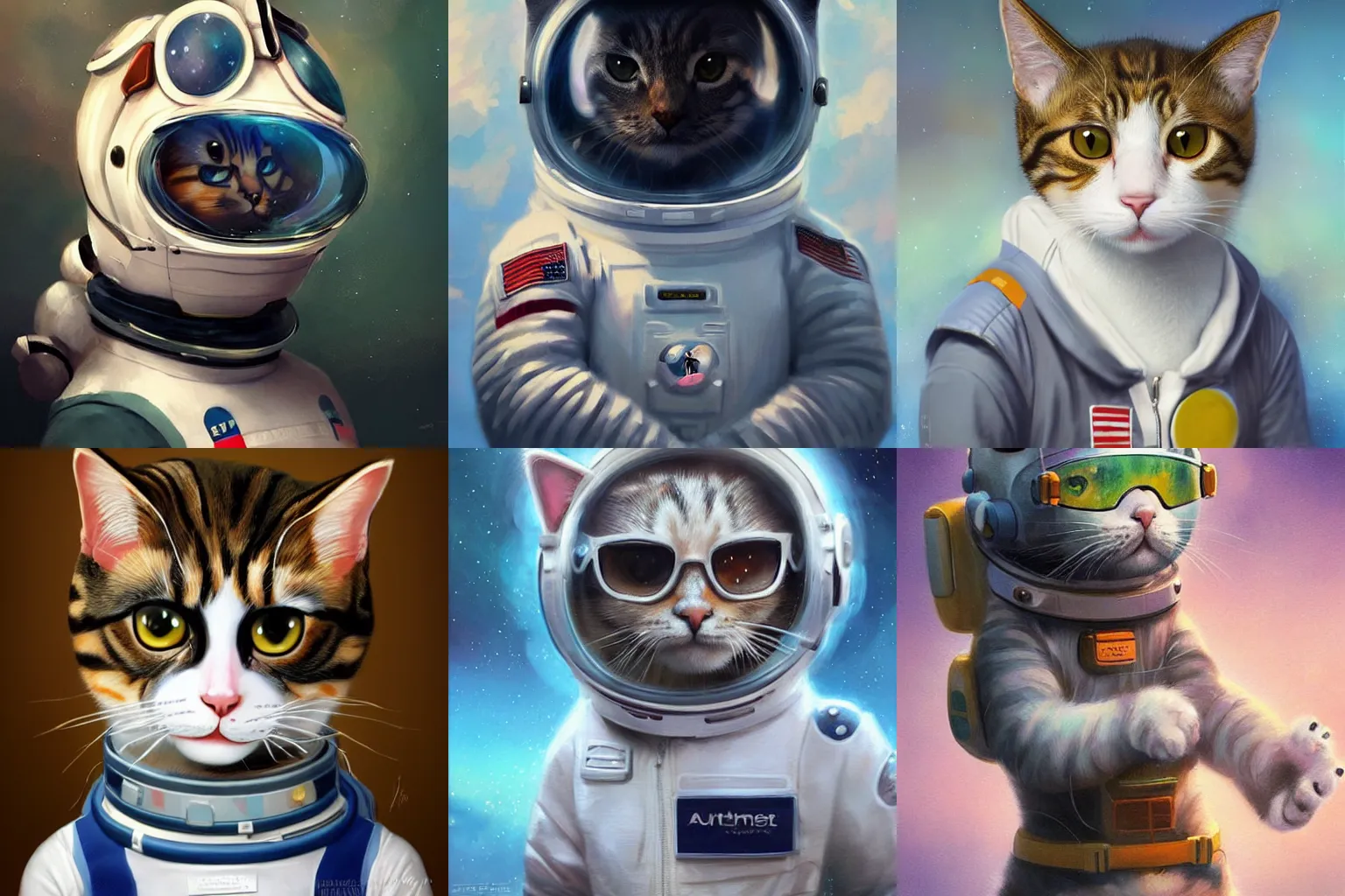 Image similar to head and shoulders masterpiece portrait of a cute adorable cat wearing a spacesuit, surreal background, digital art by Krenz Cushart, trending on artstation, cgsociety,