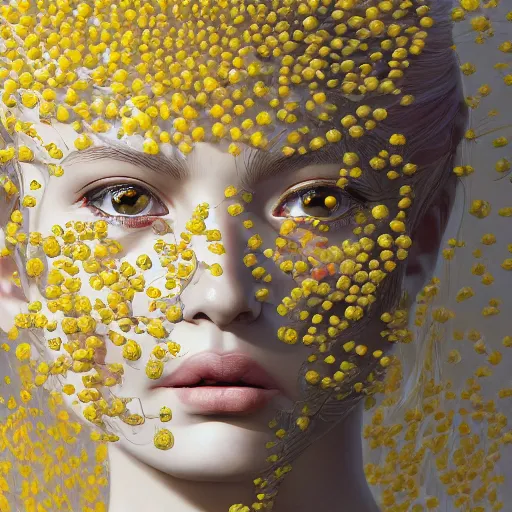 Image similar to the portrait of an absurdly beautiful, graceful, elegant, sophisticated, young teen girl made up of lemons looking up, an ultrafine hyperdetailed illustration by kim jung gi, irakli nadar, intricate linework, bright colors, octopath traveler, final fantasy, unreal engine 5 highly rendered, global illumination, radiant light, detailed and intricate environment