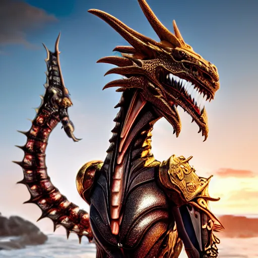 Image similar to a highly detailed close up of a beautiful majestic anthropomorphic robot female dragon, with smooth and streamlined mechanical armor, standing and posing elegantly on a beach, well detailed head with LED eyes, with sharp claws on her hands and feet, two arms, two legs, long tail, artstation, DeviantArt, professional, octane render, sunset lighting