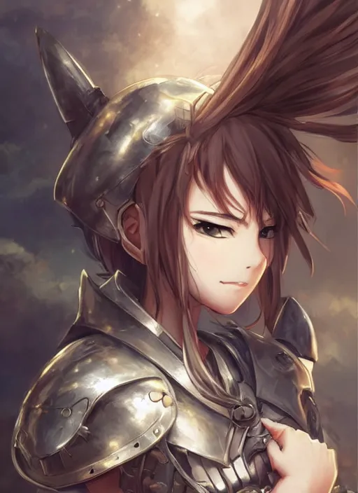 Image similar to anime girl wearing knights armor, gorgeous detailed armor, gorgeous face, anime style, digital art, by makoto shinkai, by wenjun lin, perfect shading