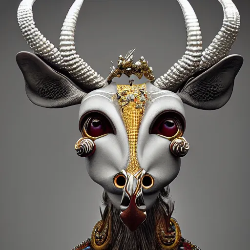 Prompt: kudu mask made of pearl beads : by michal karcz, daniel merriam, victo ngai and guillermo del toro : ornate, dynamic, particulate, intricate, elegant, highly detailed, centered, artstation, smooth, sharp focus, octane render