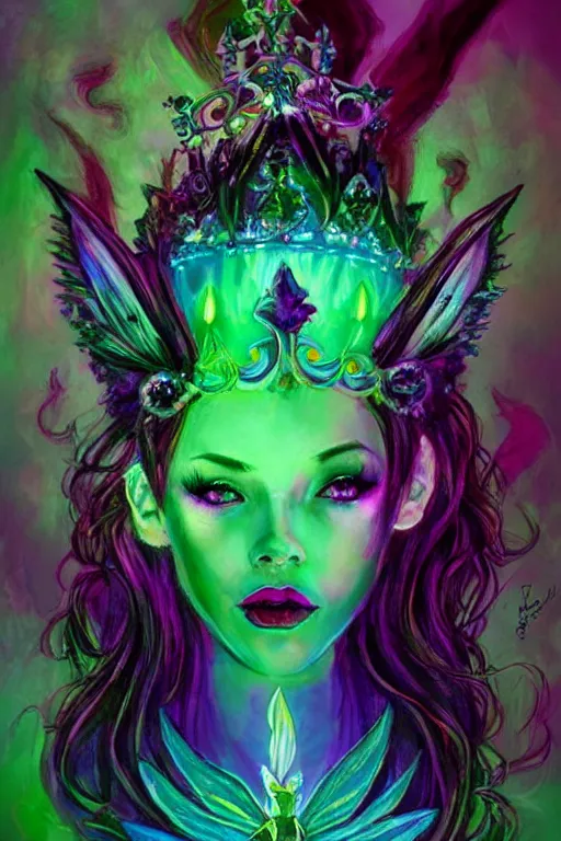 Prompt: vivid colors, bio-luminescent beautiful mysterious evil fairy queen, wearing a crown, in deep black darkness, shining eyes, face by Loish