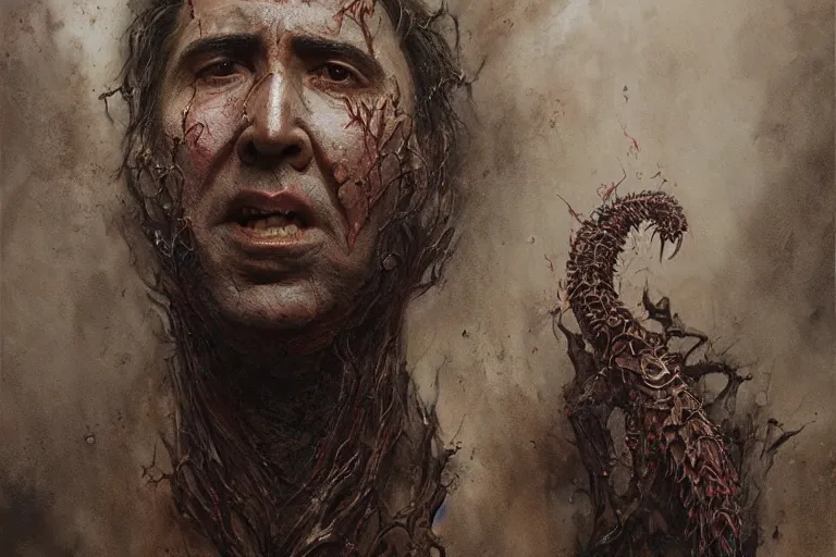 Image similar to Nicolas Cage face with body of rotten worm, dark fantasy, intricate, highly detailed, smooth, artstation, painted by Wayne Barlowe, Greg Rutkowski, zdislav beksinski, Francis Bacon