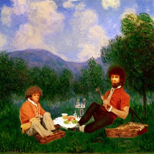 Image similar to napoleon and bob ross having picnic by monet