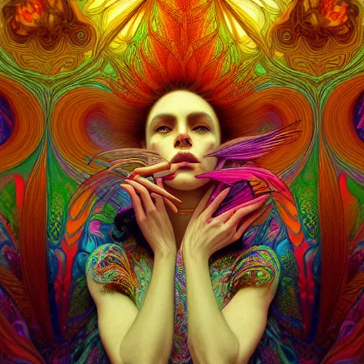 Prompt: An extremely psychedelic experience, reality bending, colorful, surreal, feathers, illuminated, magic mushrooms, psilocybin, LSD, face, detailed, intricate, elegant, highly detailed, digital painting, artstation, concept art, smooth, sharp focus, illustration, art by Krenz Cushart and Artem Demura and alphonse mucha