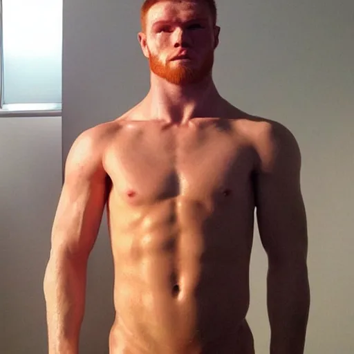 Image similar to “a realistic detailed photo of a guy who is an attractive humanoid who is half robot and half humanoid, who is a male android, boxer Canelo Álvarez, shiny skin, posing like a statue, blank stare”