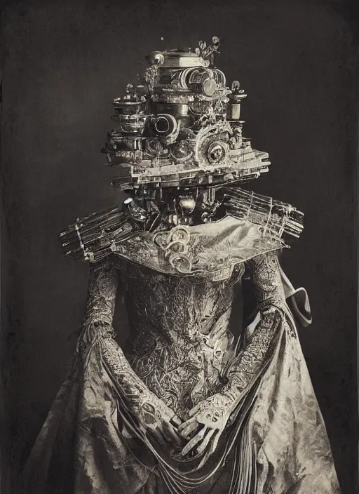 Image similar to old wetplate daguerreotype portrait of a futuristic silver armored geisha cyborg, fractal, intricate, elegant, highly detailed, parallax, leica, medium format, subsurface scattering, by jheronimus bosch and greg rutkowski and louis jacques mande daguerre