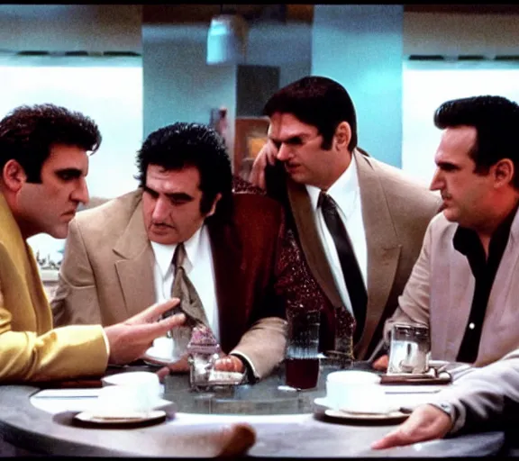 Image similar to film still of tony montana meeting the sopranos, scene directed by quintin tarantino.