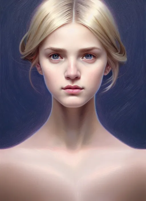 Image similar to beautiful symmetrical face, portrait of young woman blessed with ever - increasing physical and mental perfection, realism, blonde hair, perfect face!! intricate, elegant, highly detailed, vision of holy perfection!! digital painting, artstation, concept art, smooth, sharp focus, illustration, humanity, art by artgerm and greg rutkowski and alphonse mucha