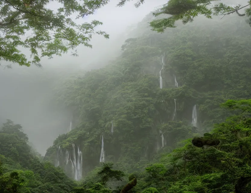 Image similar to a cinematic widescreen photo of epic ancient japanese hot springs temples on the top of a mountain in a misty bamboo cloud forest with waterfalls in winter by lee madgewick and studio ghibli