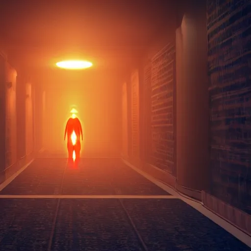 Image similar to a dark corridor with aggressive small red lights scattered and shining light on a new alien organism that arrived from Pluto, screenshot, realistic