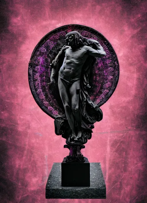 Prompt: elegant dark design poster showing a greco roman statue of apollo, black background with very subtle red and purple design elements, bold, powerful, nekro, vito acconci, thin straight purple lines, dark, glitch art, neo vaporwave, gritty, layout frame, square, trending on artstation