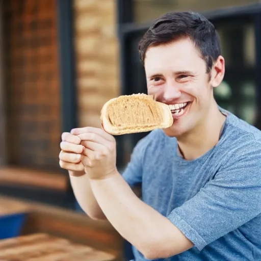 Prompt: a person eating a peanut butter sandwich and looking very pleased with themselves