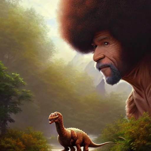 Image similar to bob ross!!! riding!!! a dinosaur!!, giant afro!, model pose, ultra realistic, concept art, intricate details, highly detailed, photorealistic, octane render, 8 k, unreal engine. art by artgerm and greg rutkowski and alphonse mucha