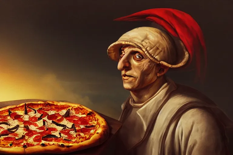 Prompt: a highly detailed portrait of pulcinella!!! from naples with a pizza!!, a burning volcano in the background, an ultrafine detailed painting by achille superbi, dark mood, trending on deviantart, whimsical, lowbrow, coherent, sharp focus, octane, masterpiece