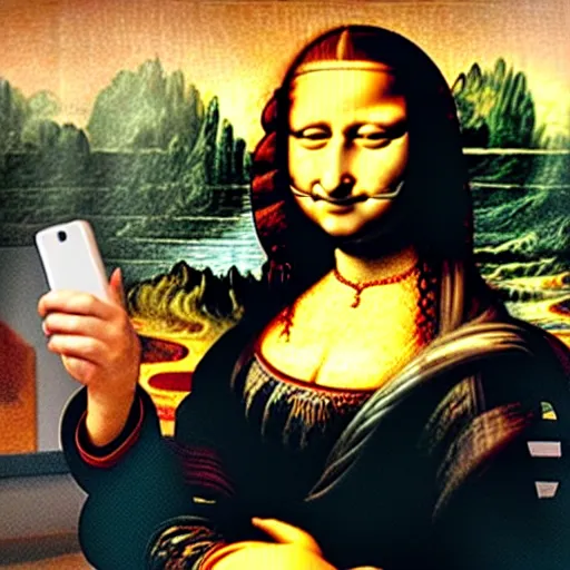 Image similar to The MonaLisa Taking a smartphone selfie