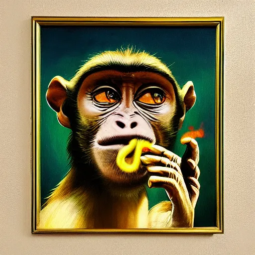 Image similar to monkey smoking weed, cinematic, 4 k, oil painting