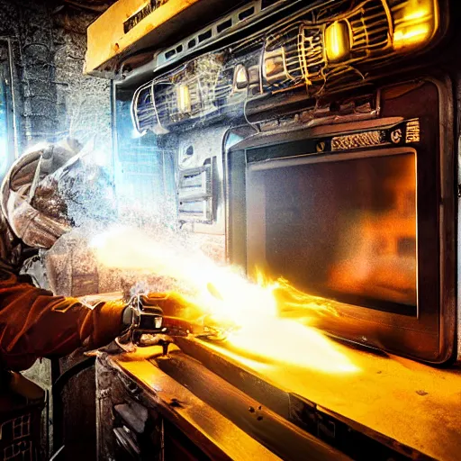 Image similar to cyborg toaster oven repairman, dark messy smoke - filled cluttered workshop, dark, dramatic lighting, orange tint, sparks, plasma rays, cinematic, highly detailed, sci - fi, futuristic, movie still, rule of thirds composition