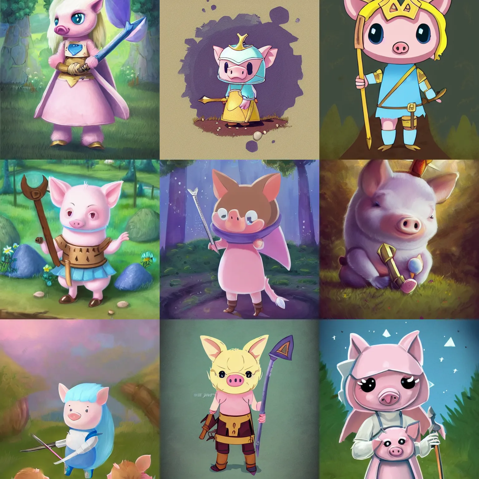 Prompt: very cute and adorable little piggy knight princess portrait, holding a sword, adorable blue eyes, piglet, fantasy forest landscape, lake, summer, pale blue outfit, cute forest creature, fluffy, pastel colors, Adventure Time, Dreamworks, Behance, Pokemon, Artstation, trending on artstation, peach and goma style, milk and mocha style, art of silverfox, Yee Chong Silverfox, Sydney Hanson, Sofya Emelenko, Elina Karimova