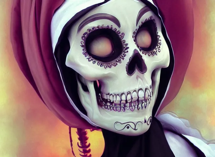 Image similar to cute & beautiful smiling mexican undead skeleton girl dressed as a nun, elegant, digital art, fantasy, pixar style, painting, pin up, highly detailed, artstation, art by artgerm, vrubel, boris vallejo and ilya kuvshinov