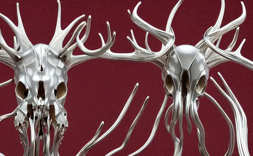 Image similar to stylized shiny polished silver statue full body bizarre cosmic horror quadruped animal moose deer skull four legs made of slug creature tendrils, perfect symmetrical body, perfect symmetrical face, hyper realistic, hyper detailed, by johannen voss, by michelangelo, octane render, blender, 8 k, displayed in pure white studio room anatomical deep red arteries veins flesh