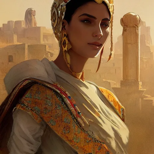 Prompt: A well dressed sumerian woman in a major Mesopotamian city, highly detailed, digital painting, artstation, concept art, sharp focus, illustration, cinematic lighting, art by artgerm and greg rutkowski and alphonse mucha