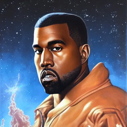 Image similar to ultra realistic portrait painting of kanye west as a retro - futuristic astronaut, art by frank frazetta, 4 k, ultra realistic, highly detailed, epic lighting