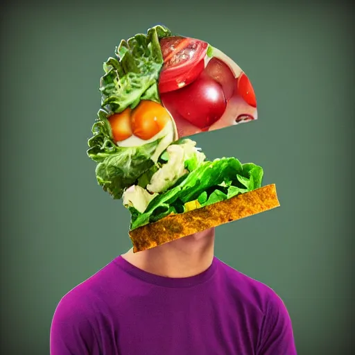 Image similar to a human with salad as their head, laughing, digital art
