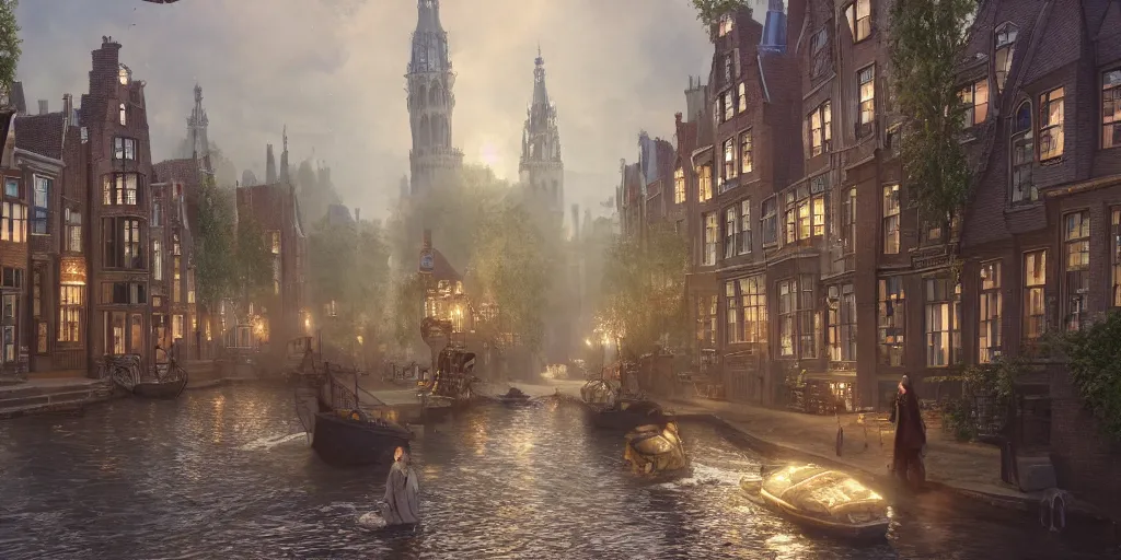 Image similar to a magical town inspired by victorian england and amsterdam, highly detailed, intricate, digital painting, trending on artstation, concept art, matte painting, art by greg rutkwowski, craig mullins, octane render, 8 k, unreal engine