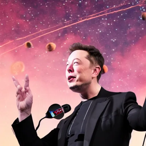 Image similar to elon musk pointing at the stars while people are crowding around