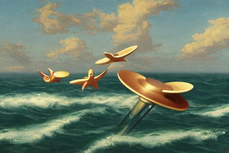 Image similar to two flying saucers battling over the ocean. art by george philip reinagle.