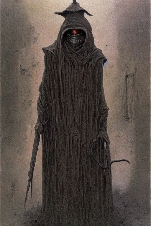 Image similar to plague doctor from iron gridle but human form, destroyed city and flames by zdzislaw beksinski, color