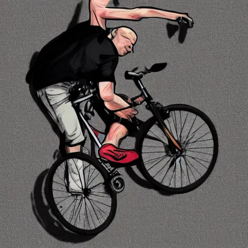 Prompt: Brian Limmond in a bike crash falling of his bike, blood, photorealistic