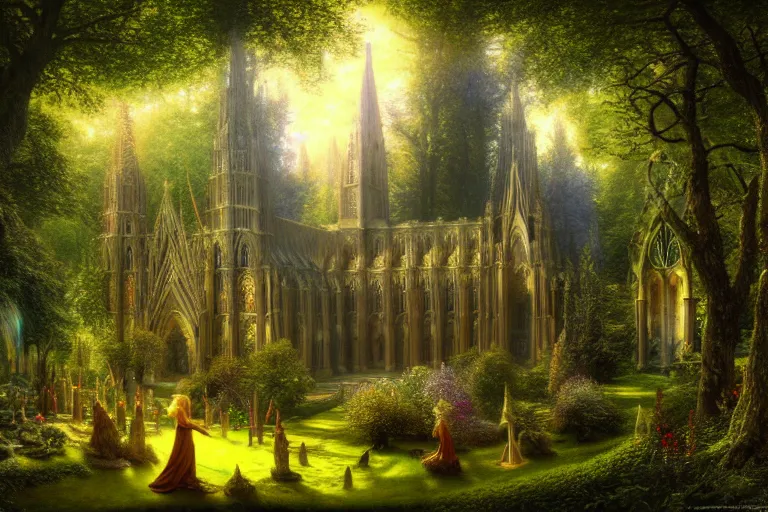 Image similar to a beautiful and highly detailed digital painting of an elven cathedral in a beautiful garden in a mystical forest, psychedelic, intricate details, cgsociety, 8 k, sharp focus, photorealism, by caspar friedrich, albert bierstadt, james gurney, brian froud,