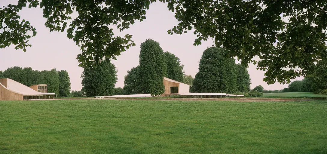 Image similar to farmhouse designed by santiago calatrava. landscape design by capability brown. fujinon premista 1 9 - 4 5 mm t 2. 9. portra 8 0 0.