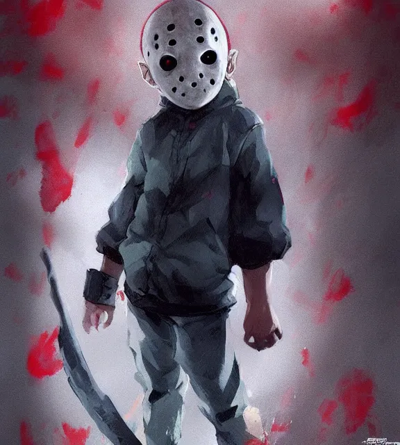 Image similar to cute little boy anime character inspired by jason voorhees art by rossdraws, wlop, ilya kuvshinov, artgem lau, sakimichan and makoto shinkai, anatomically correct, extremely coherent, highly detailed, sharp focus, slasher movies, smooth, red lighting, very realistic, symmetrical