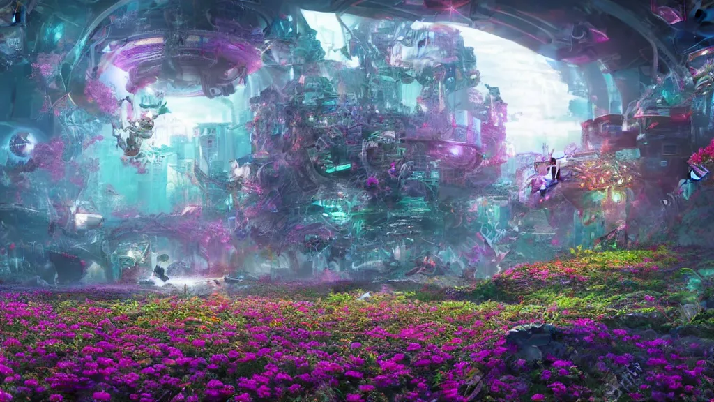 Prompt: a centered render digital materverse utopia, shining its light across a tumultuous sea of digital robot flowers and fairy, cyber punk, futurism, unreal engine, high detailed, 8 k, magic hour - s 3 7 2 4 3 1 3 3 2 0