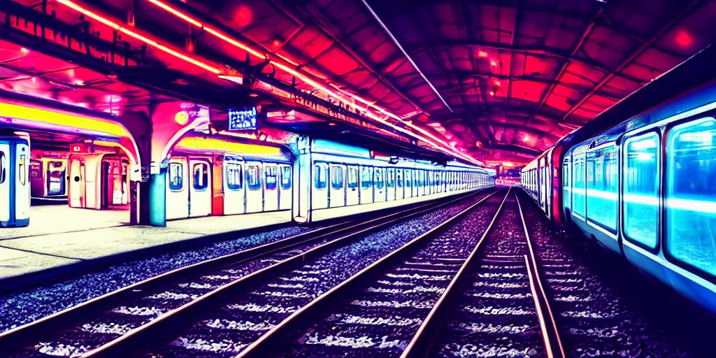 Image similar to train platform in space, nostalgic atmosphere, photo, neon lights