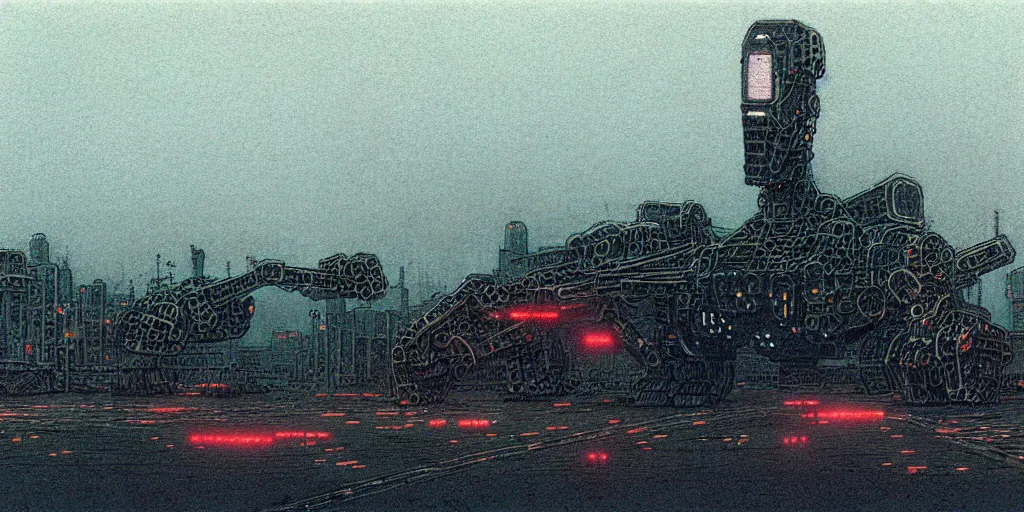 Image similar to grainy risograph matte painting of gigantic huge mech covered with wounds, black, pastel matte colors, staying in the foggy huge parking station, by moebius, hyperrealism, intricate detailed