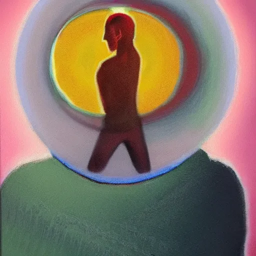 Prompt: An orb of light orbiting around a man's head, oil on canvas painting, pastel colours