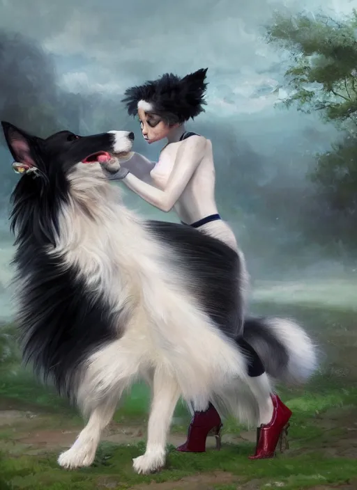 Image similar to wide shot painting of a male anthropomorphic border collie fursona dancing with a cute female anthropomorphic sheep fursona in a ballroom, beautiful, model pose, realistic proportions, highly detailed, scenic background, trending on artstation, art by charlie bowater and henry asencio and and ross tran