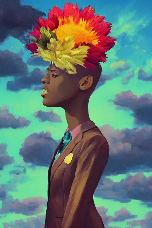 Image similar to closeup, giant flower as head, black woman in suit, surreal photography, golden hour, colorful clouds, impressionist painting, digital painting, artstation, simon stalenhag