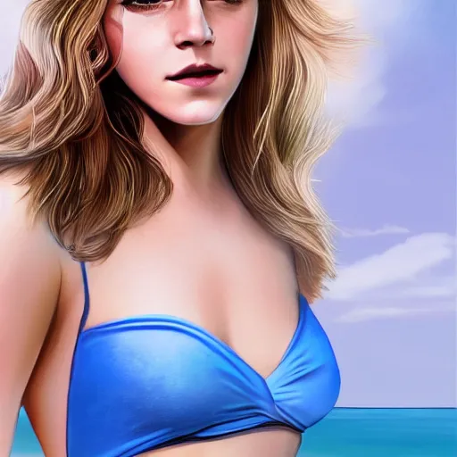 Prompt: a very beautiful mature emma watson, full body, long wavy blond hair, sky blue eyes, full round face, bikini, miniskirt, front view, mid - shot, cute pose, highly detailed, cinematic wallpaper by stanley artgerm lau