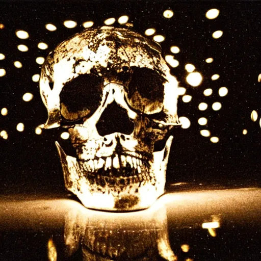 Prompt: a skull made out of broken mirrors, reflecting light in a nightclub, grainy film still