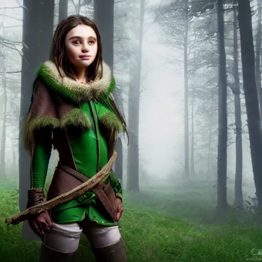 Image similar to anya charlota as a medieval fantasy wood elf, dark brown hair tucked behind ears, wearing a green tunic with a fur lined collar and brown leather armor, wide, muscular build, scar across nose, one black, scaled arm, cinematic, character art, digital art, forest background, realistic. 4 k