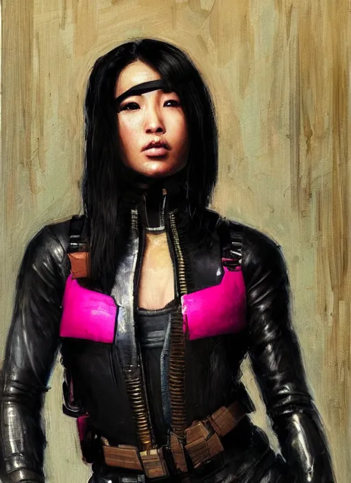 Prompt: Nikki tanaka. beautiful cyberpunk female USN marine wearing a military vest and a black and pink tactical catsuit (cyberpunk 2077, bladerunner 2049). gorgeous face. Iranian orientalist portrait by john william waterhouse and Edwin Longsden Long and Theodore Ralli and Nasreddine Dinet, oil on canvas. Cinematic, hyper realism, realistic proportions, dramatic lighting, high detail 4k