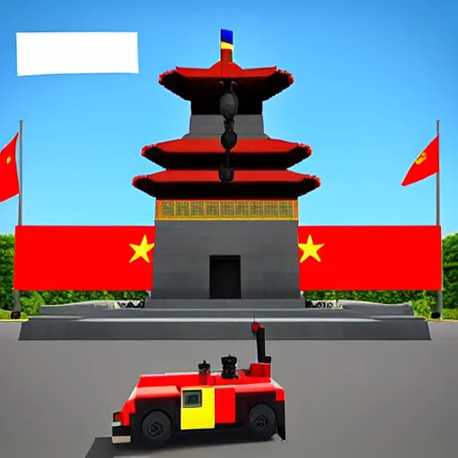 Image similar to roblox noob driving tank in tiananmen square, chinese flag