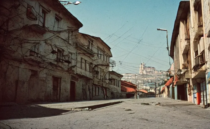 Image similar to movie still of a soviet street from Sarajevo in 1960s , Cinestill 800t 18mm