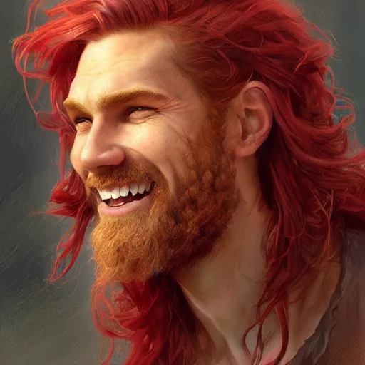 Prompt: portrait of a young ruggedly handsome but joyful pirate, male, masculine, upper body, red crimson hair, long flowing hair, fantasy, soft grin, intricate, elegant, highly detailed, digital painting, artstation, concept art, matte, sharp focus, illustration, art by artgerm and greg rutkowski and alphonse mucha