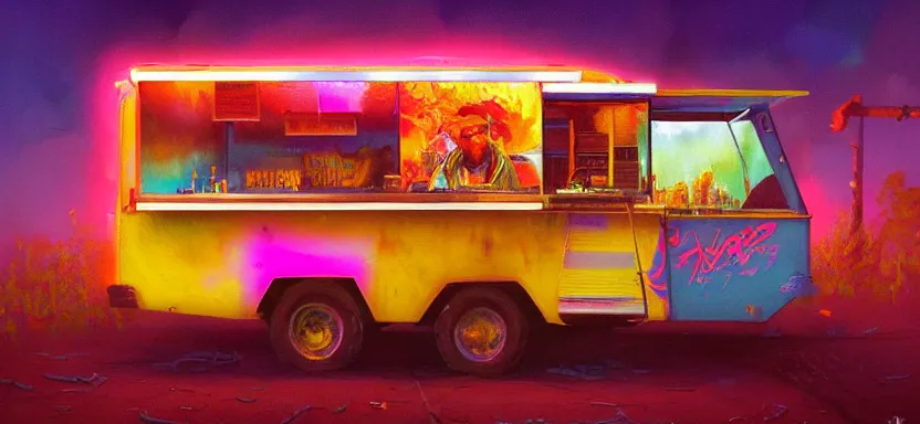 Image similar to beautiful masterpiece painting of a food truck taco vendor in a future radioactive glowing swamp, halo vehicle, grunge cyberpunk, by Remedios Varo and Anato Finnstark and Greg Rutkowski, dayglo pink, dayglo blue, by Craig Mullins, ilya kuvshinov, krenz cushart, artgerm, 8k, trending on ArtStation